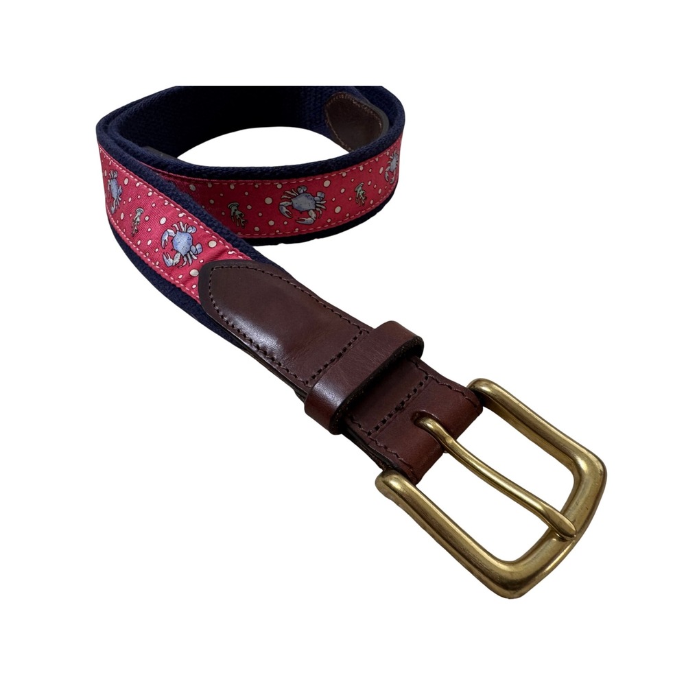 Vineyard Vines Mens 38 Crab Coral Silk Canvas Club Belt Navy Pink Made in USA